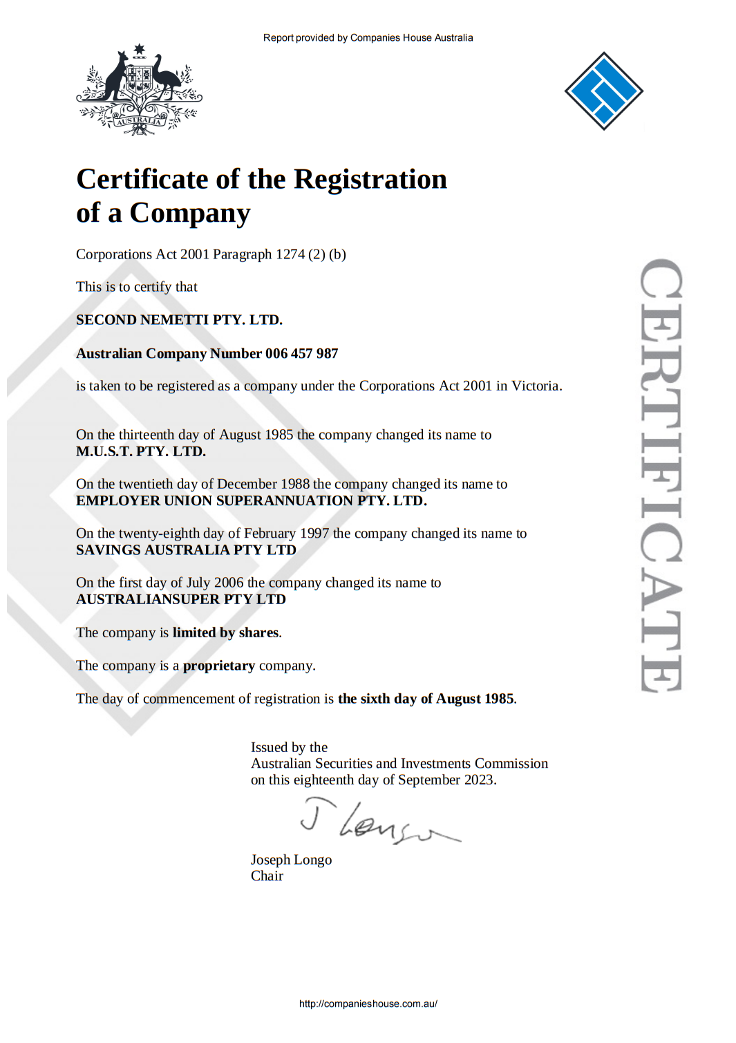 An example of Certificate of the Registration of a Company report from Companies House