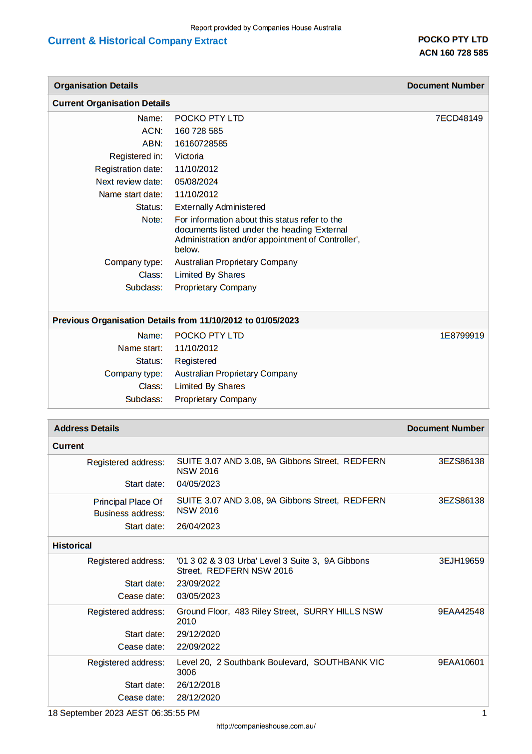 An example of Current & Historical Company Extract report from Companies House